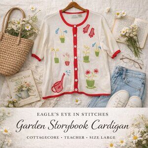 Vintage Cottagecore Embroidered Garden Cardigan Sweater L